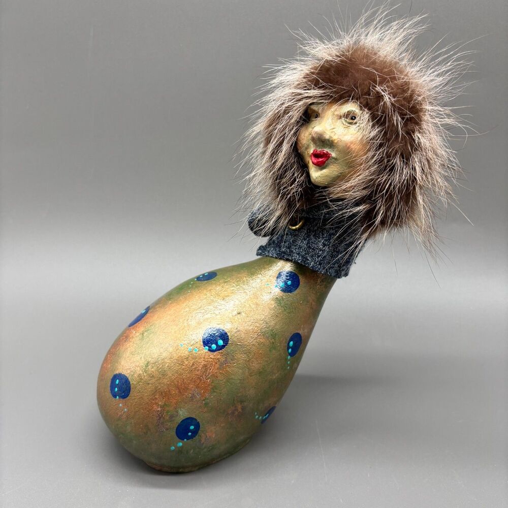 Kitsch Decor Gourd Art Sculpture J Minter Signed Whimsical Folk Lady Figure Fur